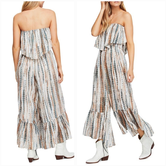 Free People Summer‎ Vibes Strapless Flounce Wide Leg Cropped Jumpsuit Small - Picture 1 of 15